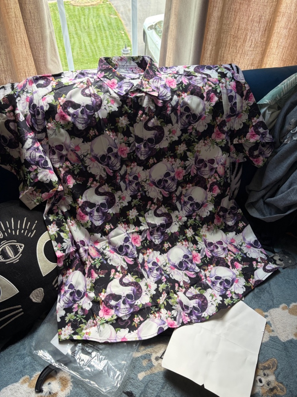 Amazon Black Floral Skull Print Casual Button Down Shirt